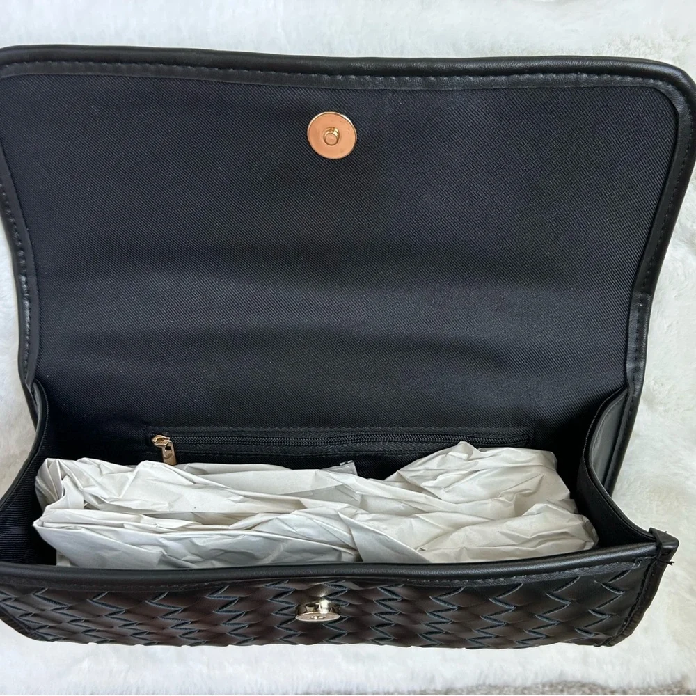 A NEW DAY NWT! Vegan Leather‎ Clutch Black Checkered Woven Handle Gold Hardware